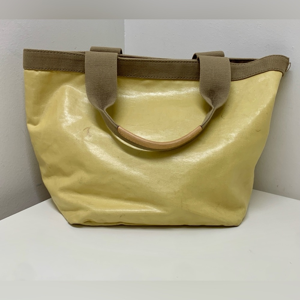 J. Crew Leather Trim Hamdled Polyurethane Coated Cotton Canvas Beach Tote Bag